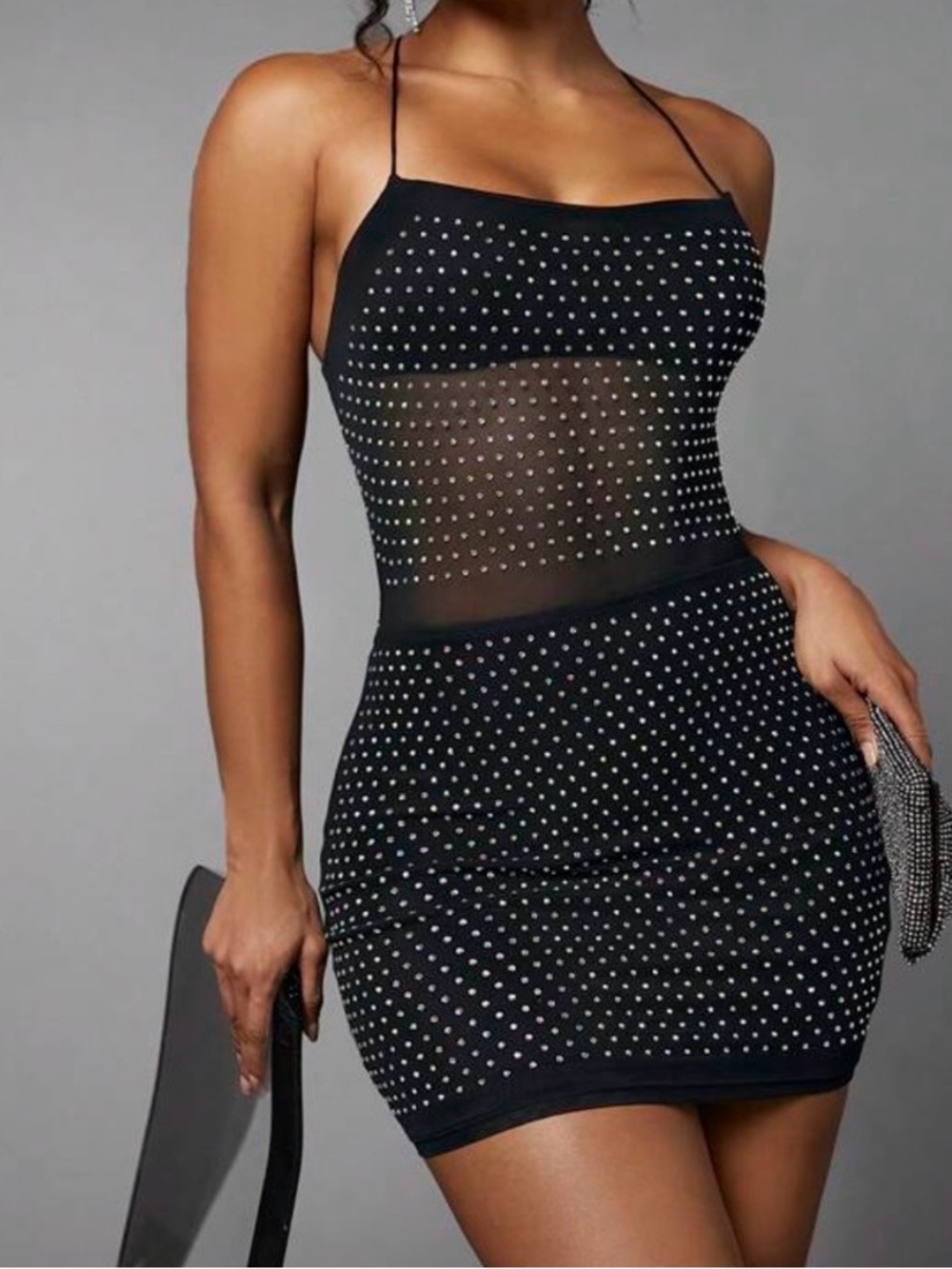 SHEIN Black Rhinestone Mesh Bodycon Dress SM